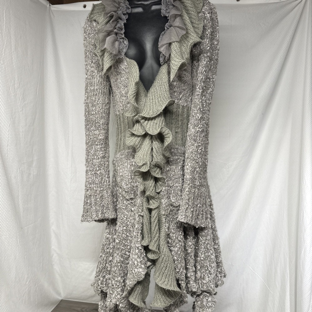 Laetitia Star Ruffled Long Cardigan Women L / XL Gray Green Excellent Boho Lace
